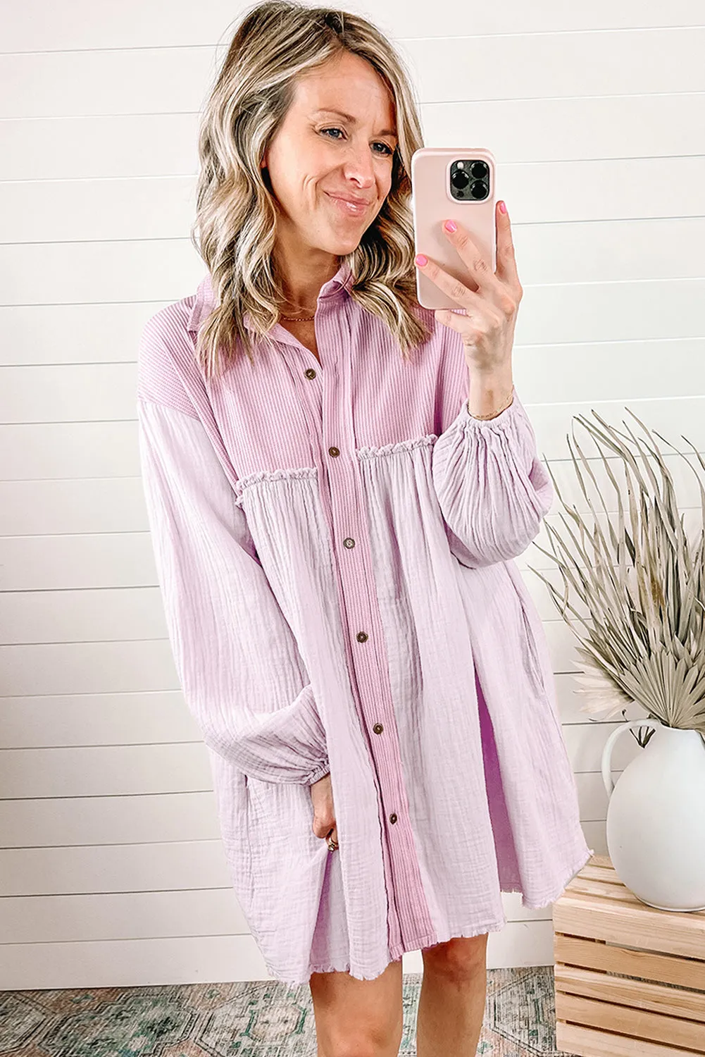 Green Patchwork Crinkle Puff Sleeve Shirt Dress