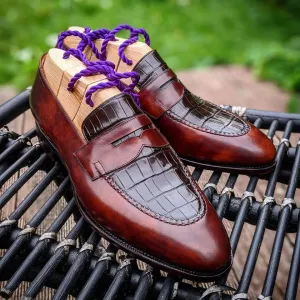 Handmade Brown Leather Dress Shoes with Crocodile Texture