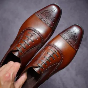 Handmade Brown Leather Oxfords for Men - Dress Brogue Shoes