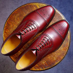 Handmade Burgundy Brogue Lace-Up Leather Business Shoes