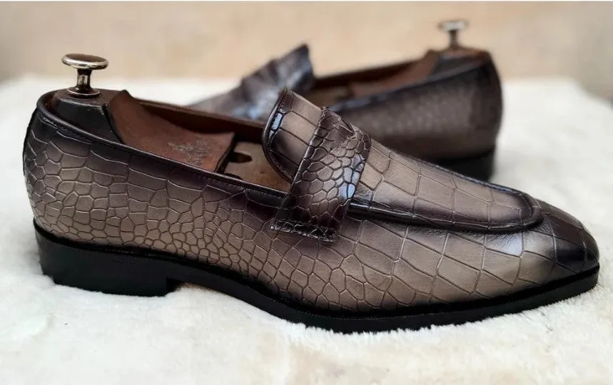 Handmade Gray Crocodile Print Leather Moccasins for Men