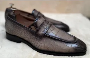 Handmade Gray Crocodile Print Leather Moccasins for Men