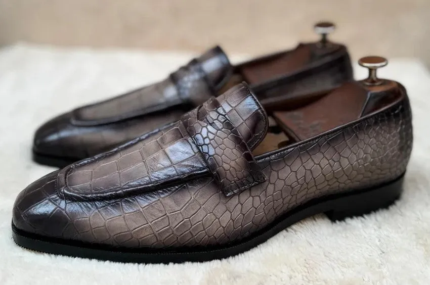 Handmade Gray Crocodile Print Leather Moccasins for Men