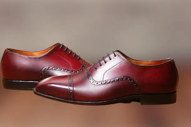 Handmade Maroon Leather Brogue Shoes for Men, Formal Dress Shoes