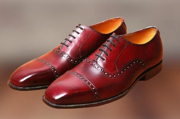 Handmade Maroon Leather Brogue Shoes for Men, Formal Dress Shoes