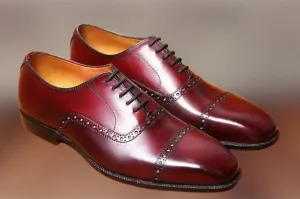 Handmade Maroon Leather Brogue Shoes for Men, Formal Dress Shoes