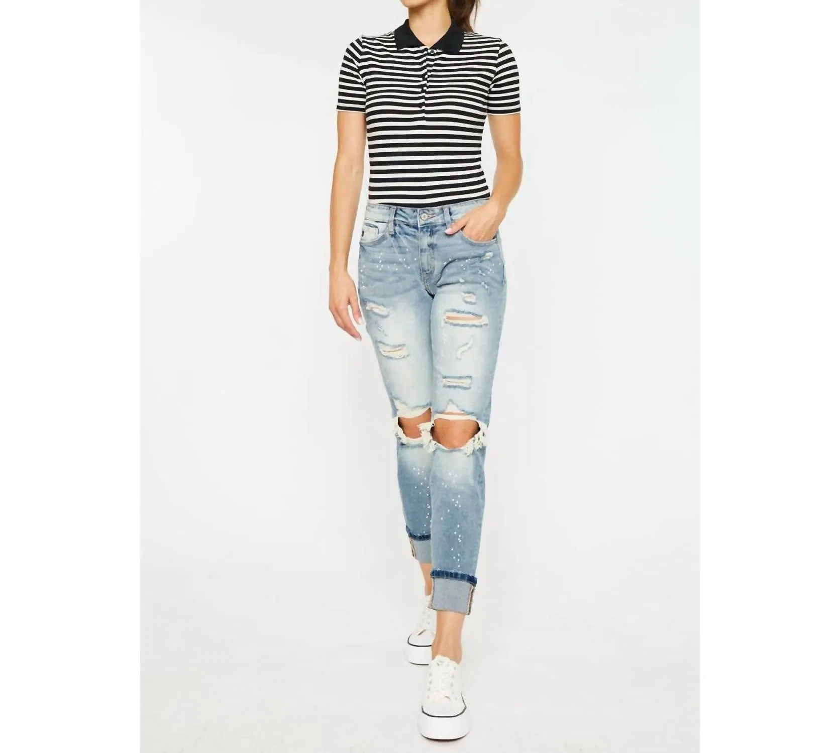 High Rise Boyfriend Jeans In Light Stone Wash Comfort Stretch