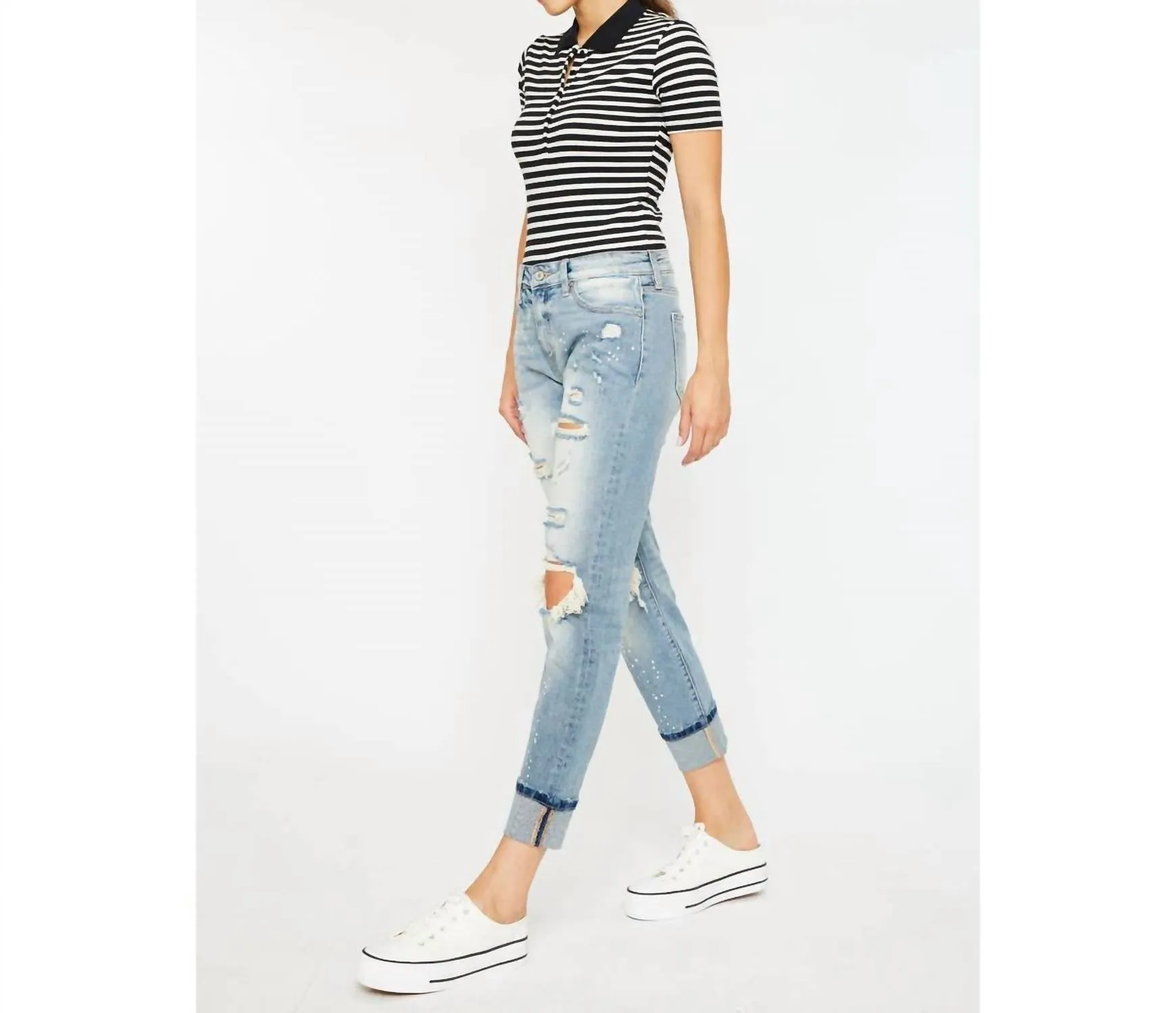 High Rise Boyfriend Jeans In Light Stone Wash Comfort Stretch