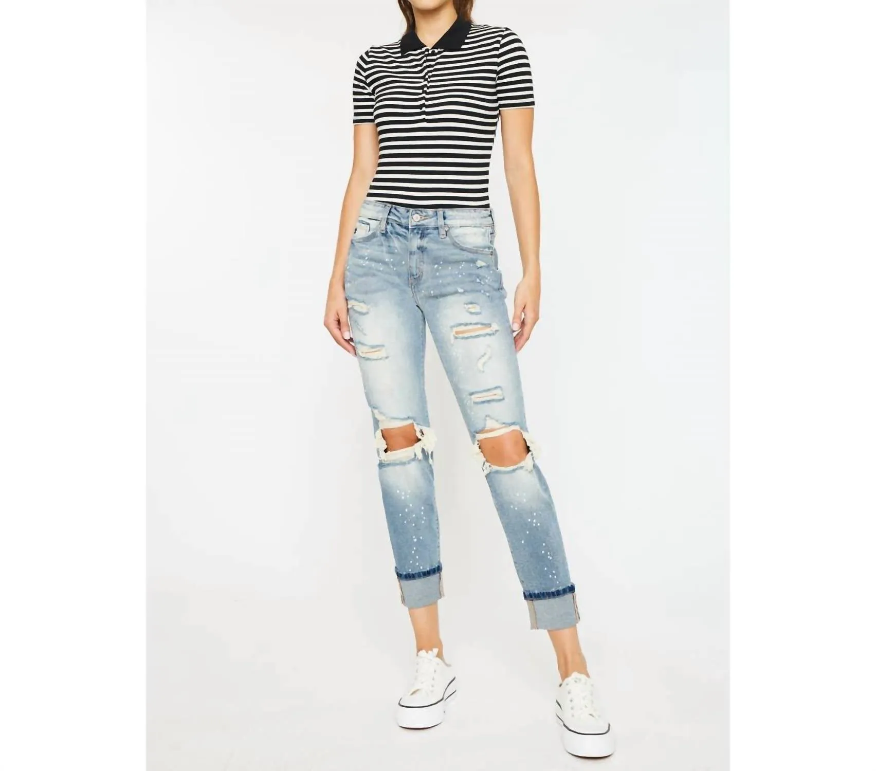 High Rise Boyfriend Jeans In Light Stone Wash Comfort Stretch
