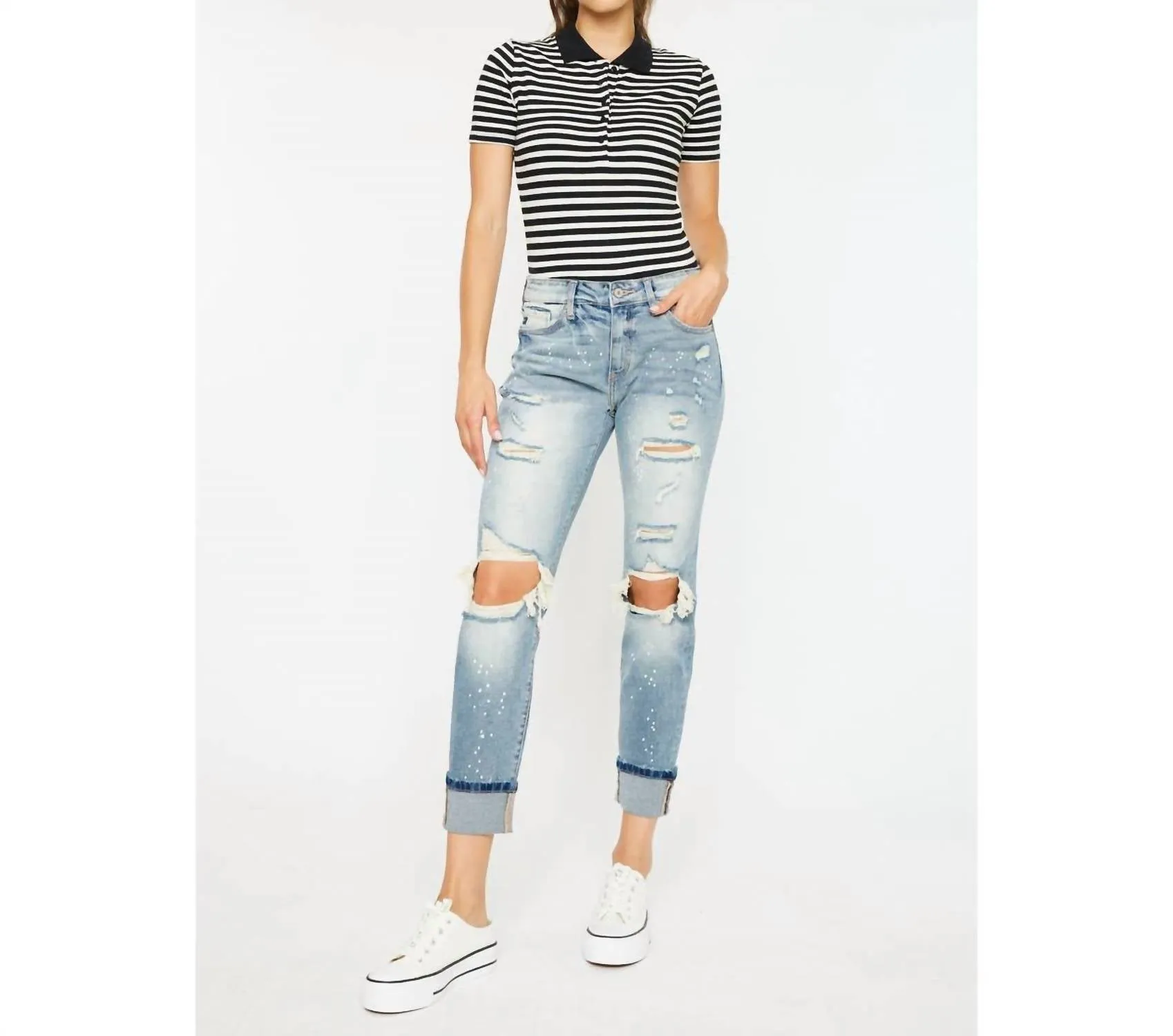 High Rise Boyfriend Jeans In Light Stone Wash Comfort Stretch