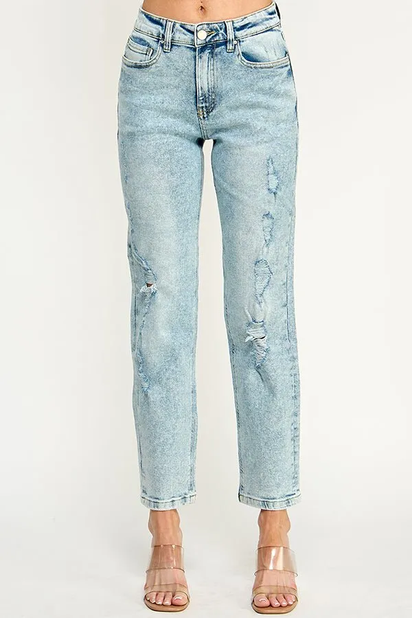 HIGH RISE DISTRESSED ANKLE STRAIGHT JEANS