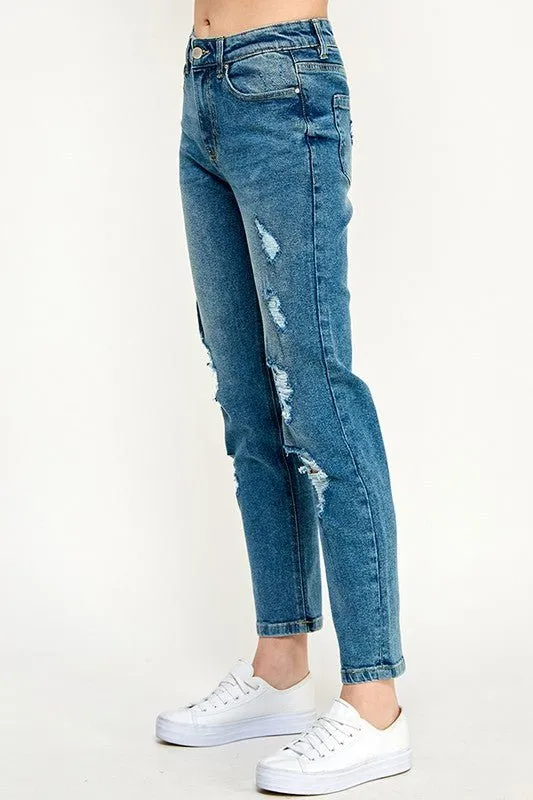 HIGH RISE DISTRESSED ANKLE STRAIGHT JEANS