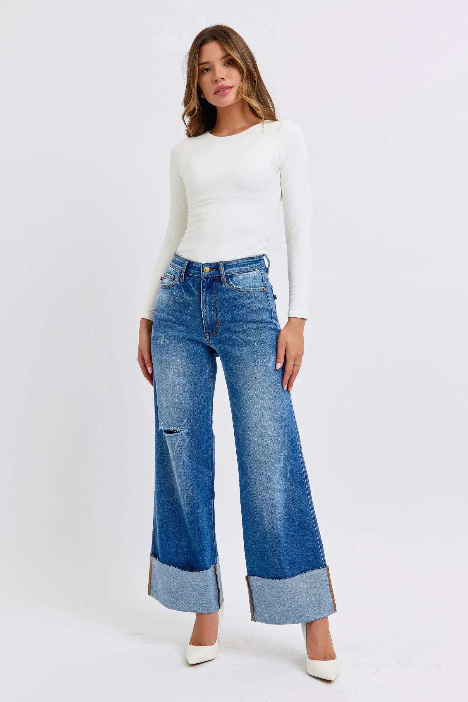 Judy Blue Full Size Distressed Wide Leg Jeans