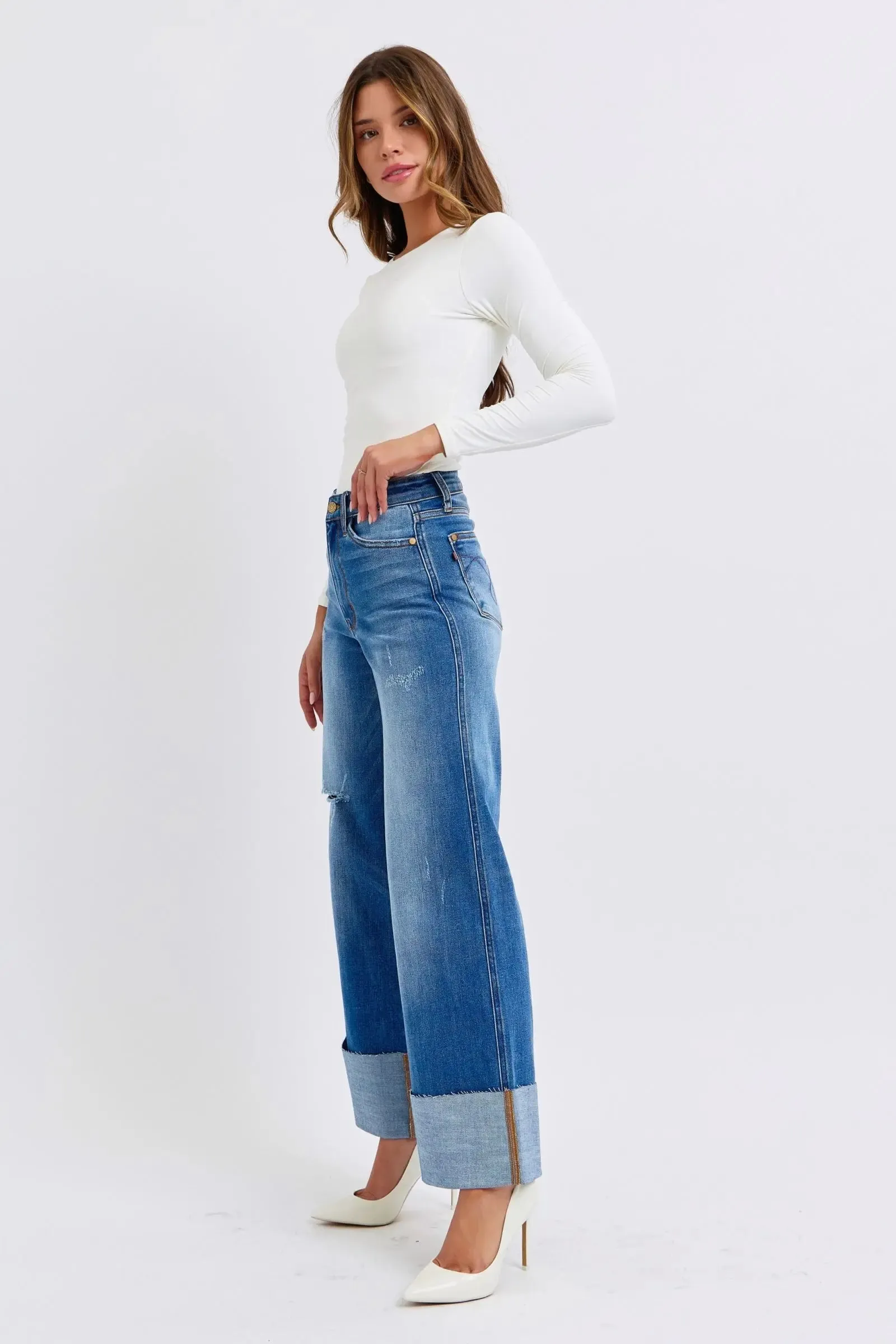 Judy Blue Full Size Distressed Wide Leg Jeans