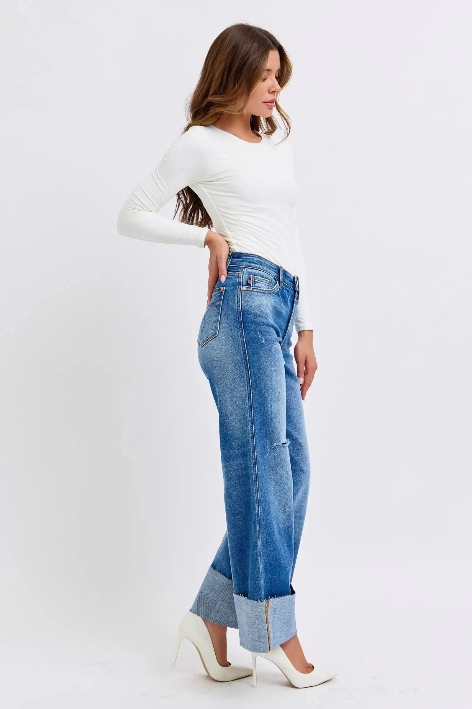 Judy Blue Full Size Distressed Wide Leg Jeans