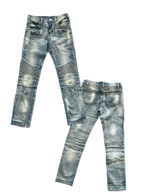 Kids  Blue Faded Tan Biker Jeans