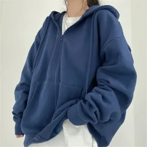 Korean Women Hoodies Long Sleeve Zip Up Pocket Sweatshirts