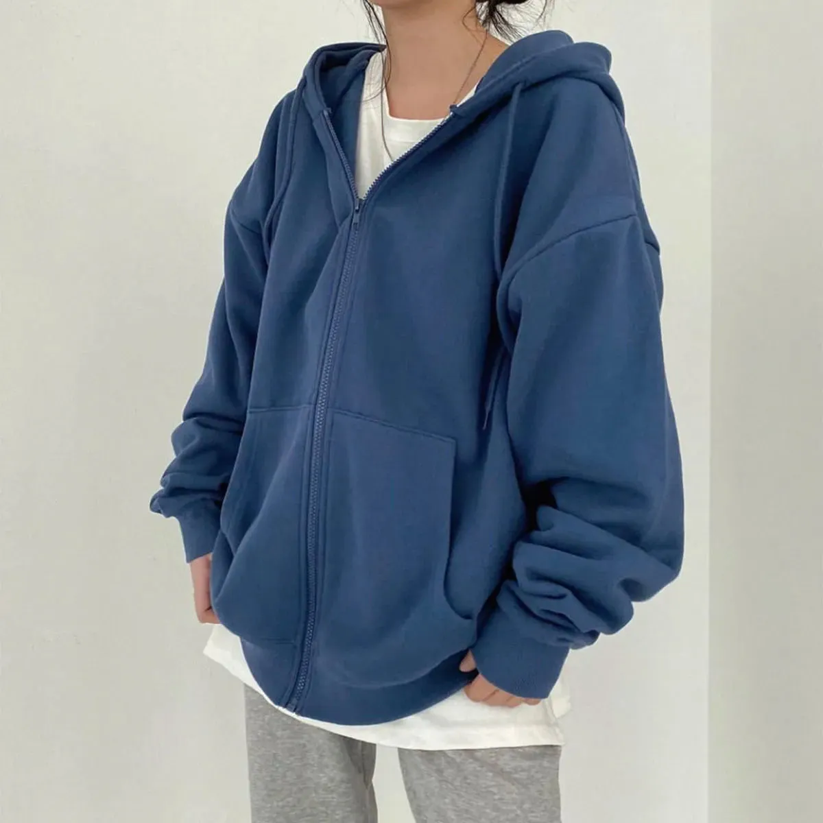 Korean Women Hoodies Long Sleeve Zip Up Pocket Sweatshirts