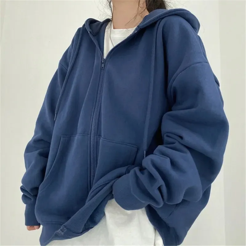 Korean Women Hoodies Long Sleeve Zip Up Pocket Sweatshirts