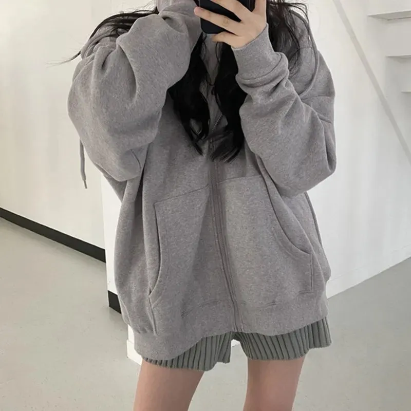 Korean Women Hoodies Long Sleeve Zip Up Pocket Sweatshirts
