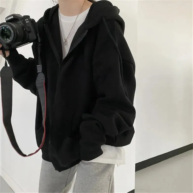 Korean Women Hoodies Long Sleeve Zip Up Pocket Sweatshirts