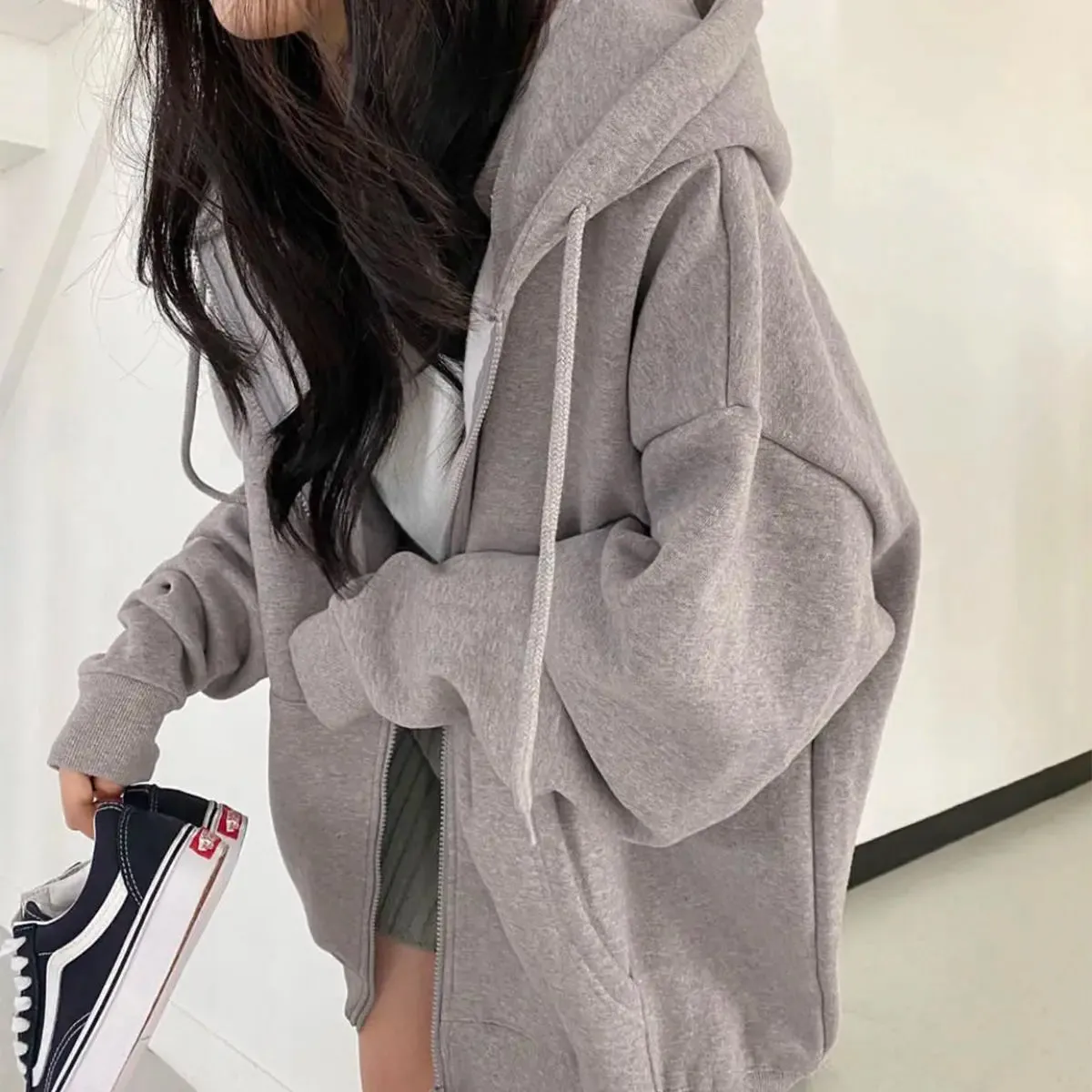 Korean Women Hoodies Long Sleeve Zip Up Pocket Sweatshirts