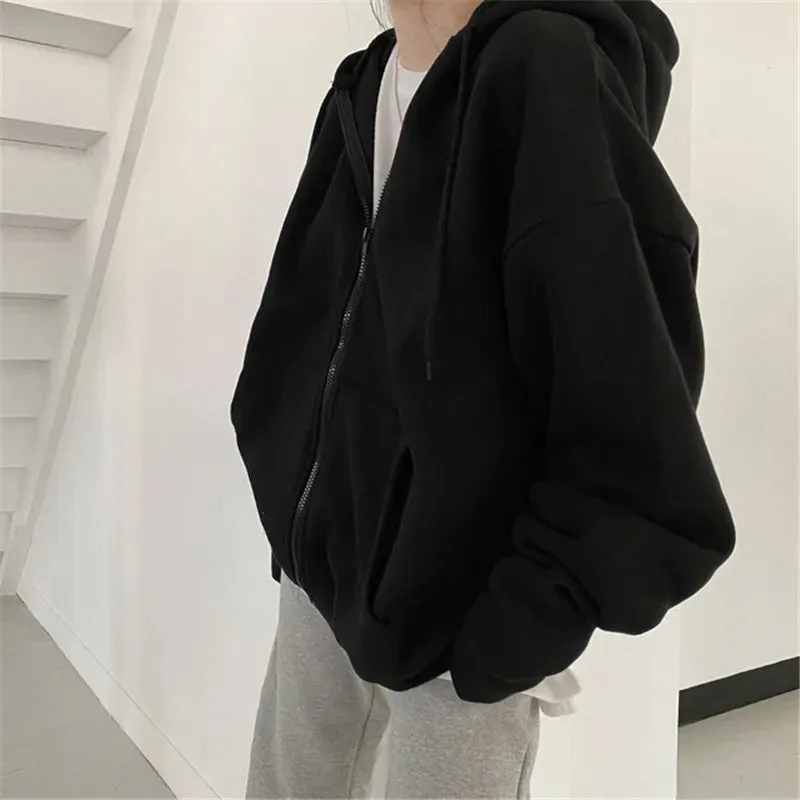 Korean Women Hoodies Long Sleeve Zip Up Pocket Sweatshirts
