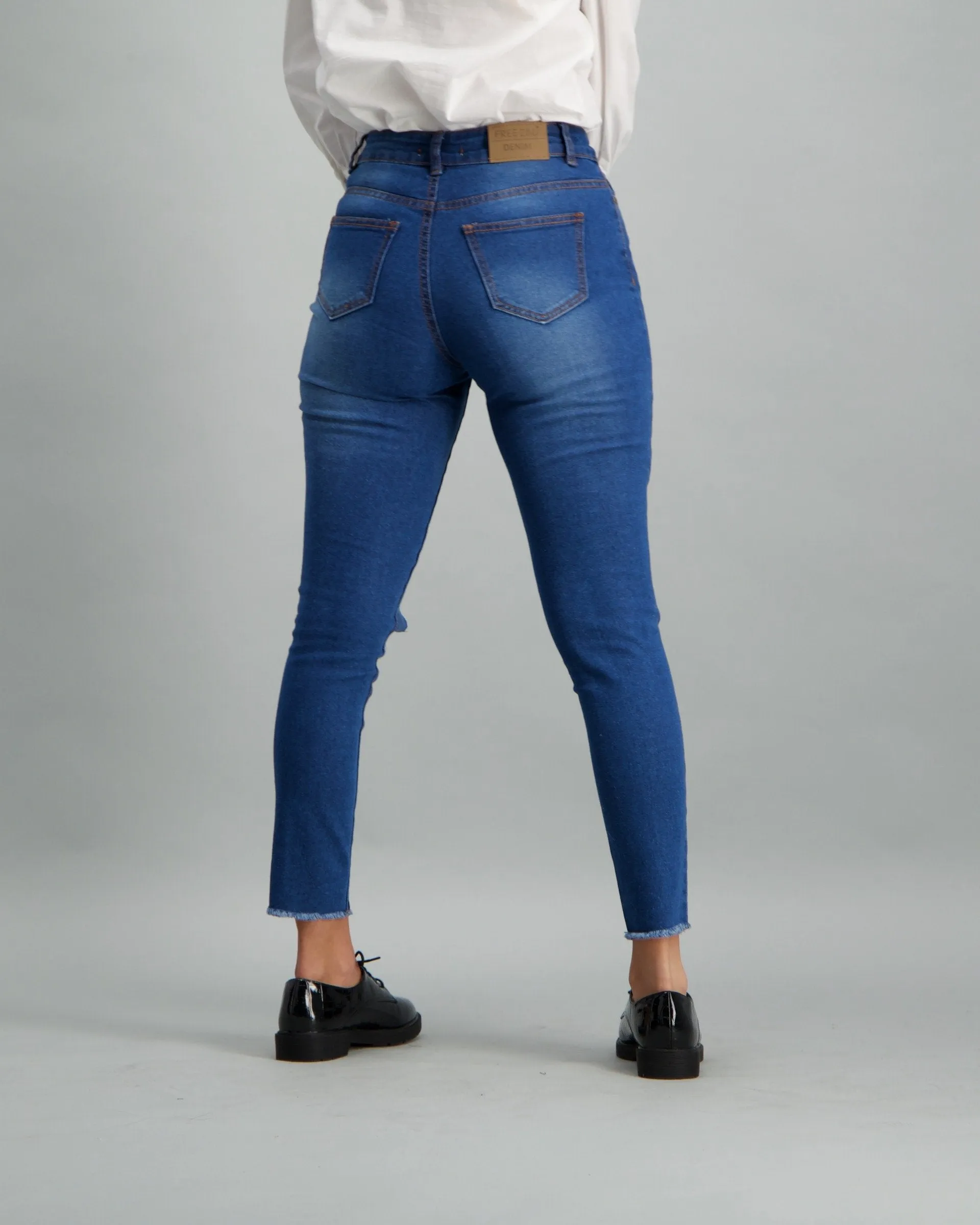 Ladies-High Rise Skinny Ankle Grazer Mid Blue Denim Jean
