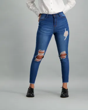 Ladies-High Rise Skinny Ankle Grazer Mid Blue Denim Jean