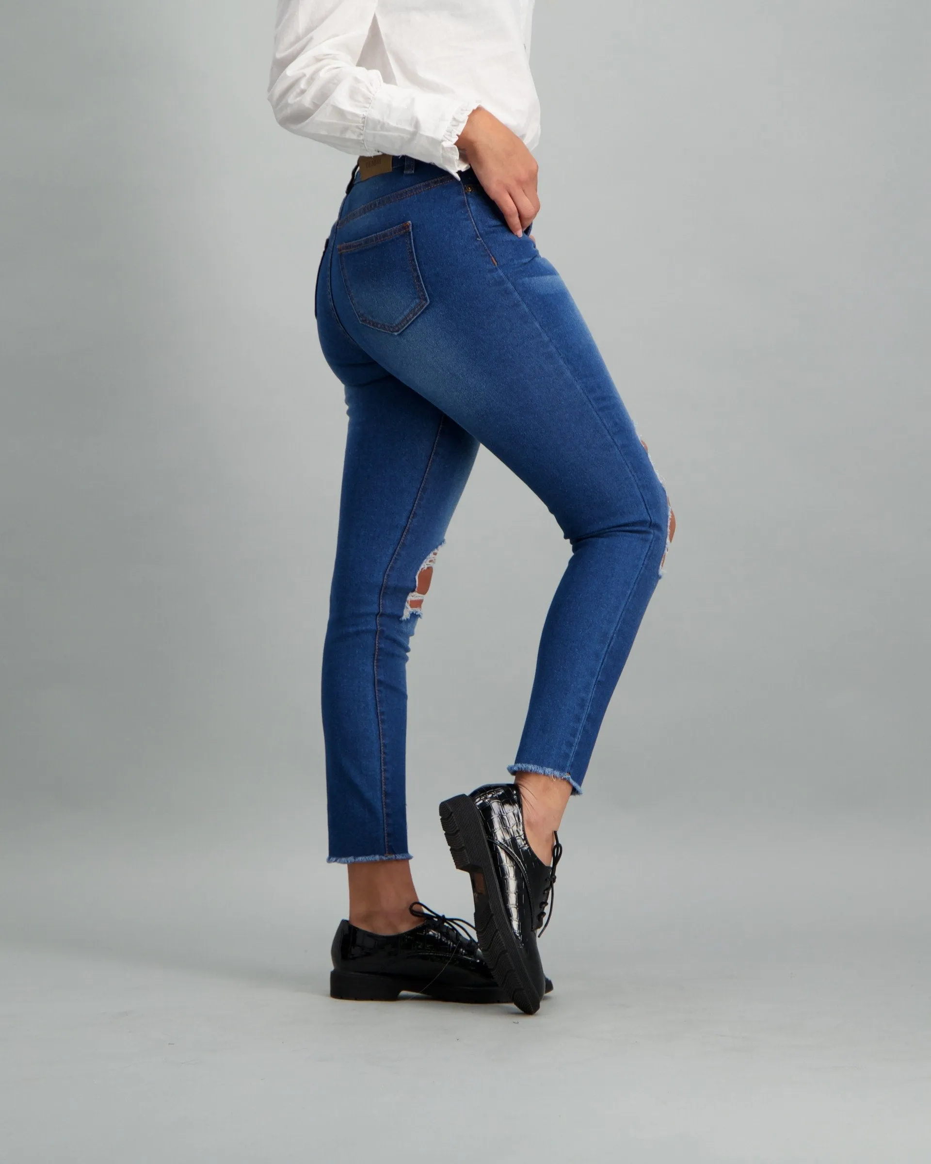 Ladies-High Rise Skinny Ankle Grazer Mid Blue Denim Jean