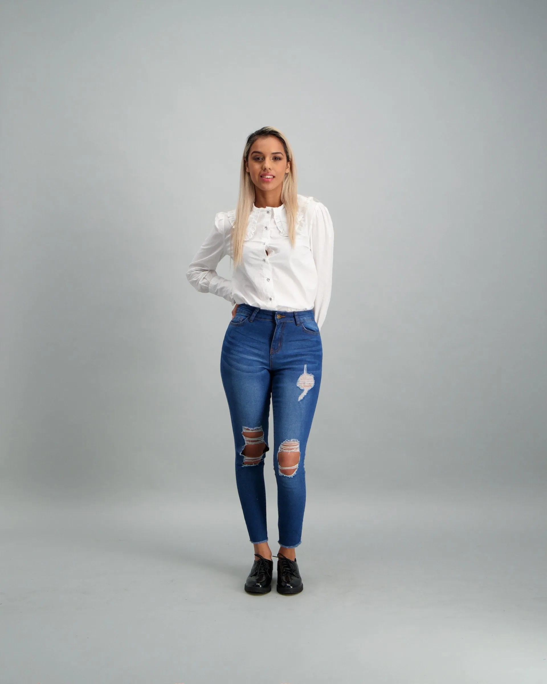 Ladies-High Rise Skinny Ankle Grazer Mid Blue Denim Jean