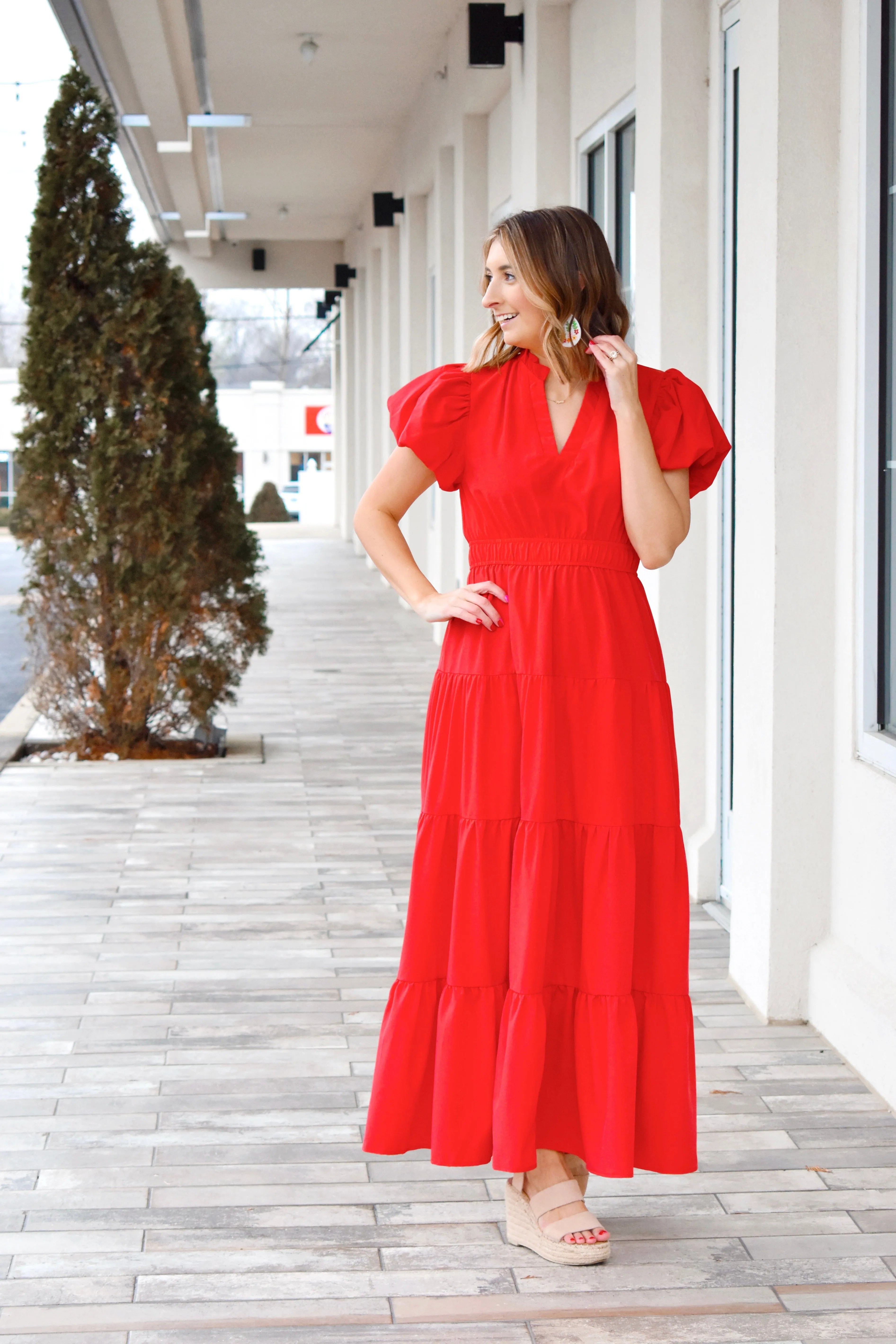 Lady In Red Puff Sleeve Midi Dress