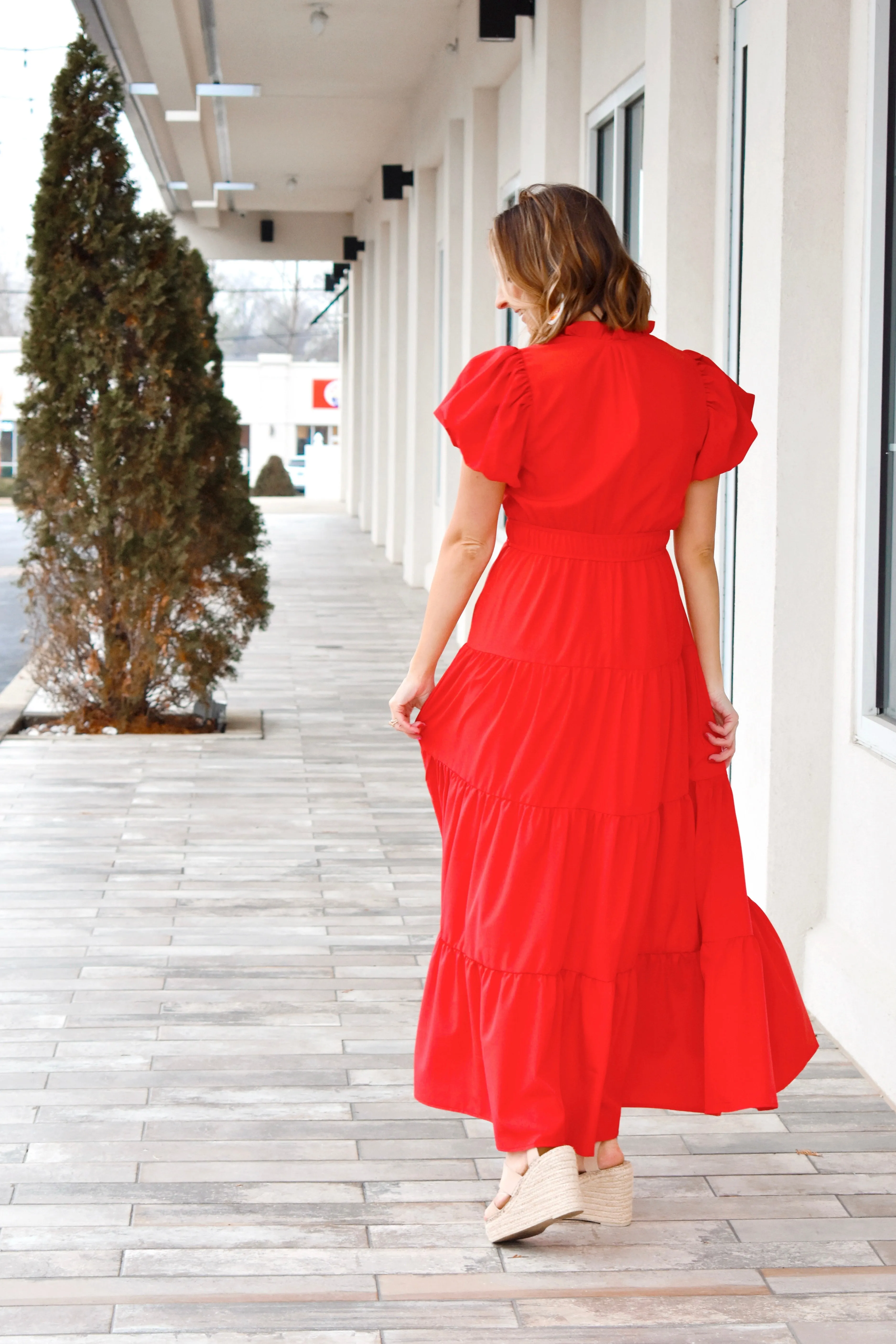 Lady In Red Puff Sleeve Midi Dress