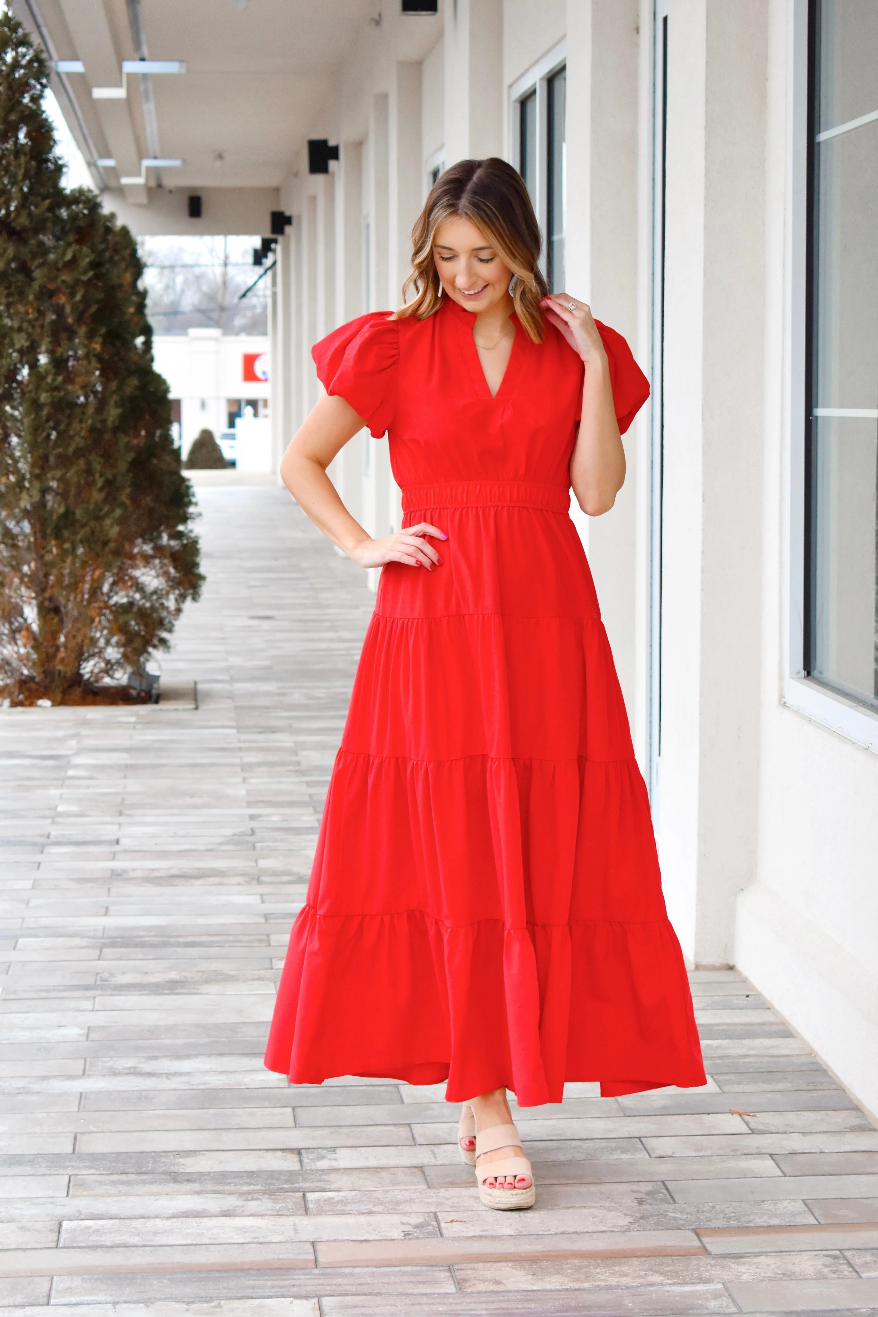 Lady In Red Puff Sleeve Midi Dress