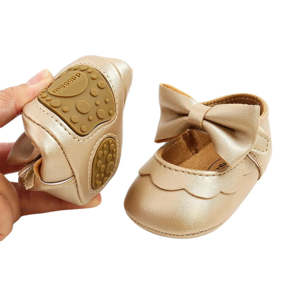 Leather Bow Baby Moccasins - Gold