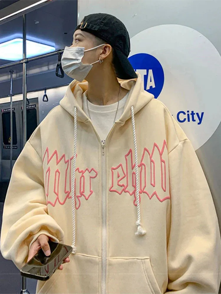 Letter Foam Print Zip up Hoodies