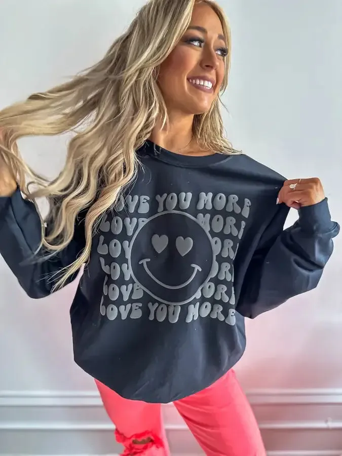 Love You More Black Puff Graphic Crewneck