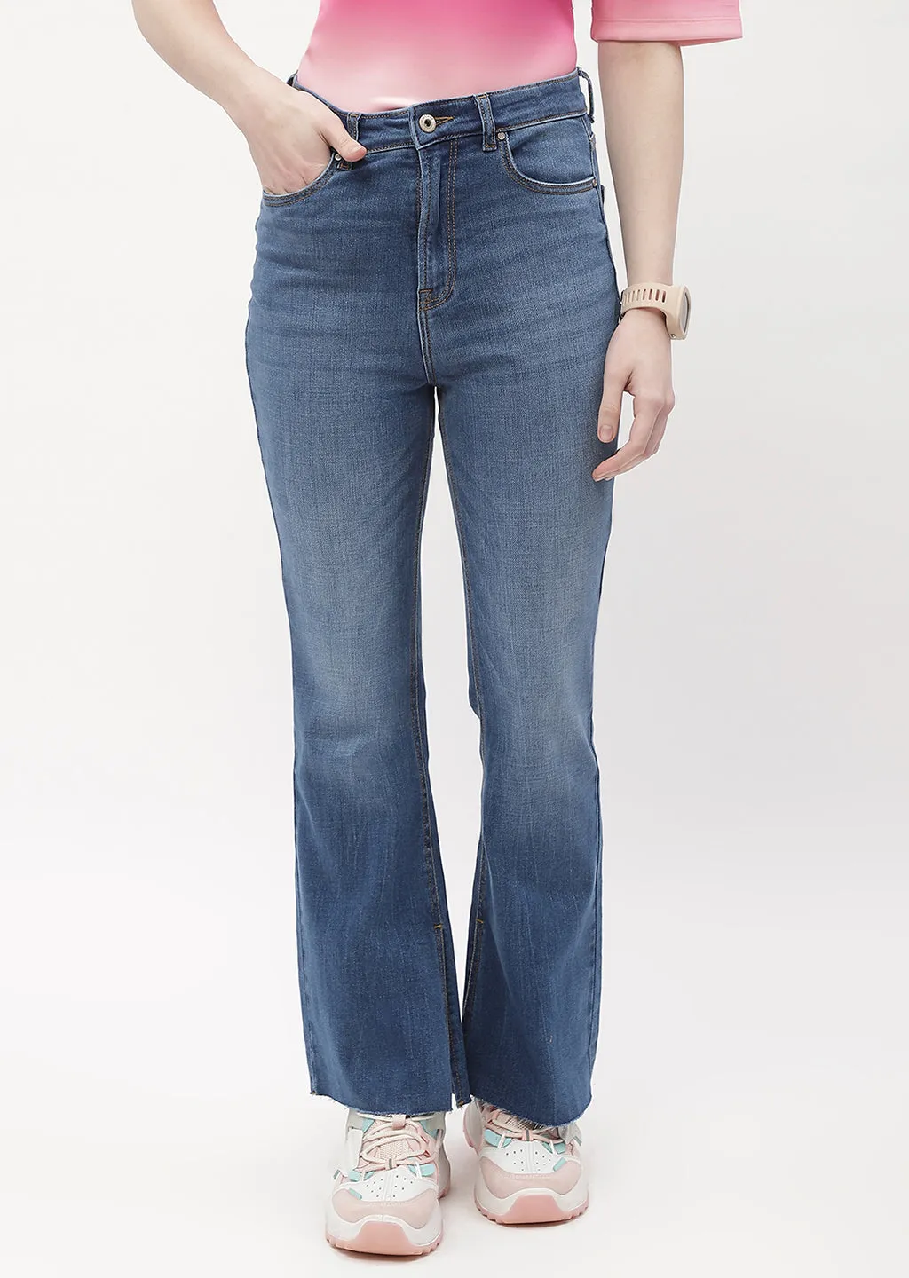 Madame Distressed Hem Mid Blue Flared Jeans