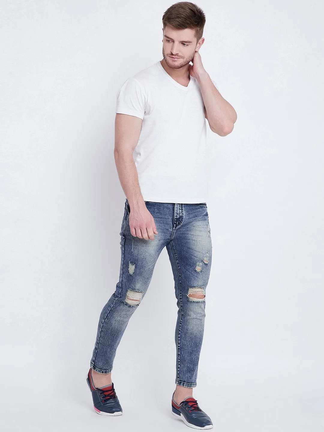 Men Blue Slim Fit Mid-Rise Highly Distressed stretchable Jeans