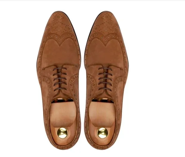 Men's Handmade Brown Suede Leather Brogue Derby Shoes