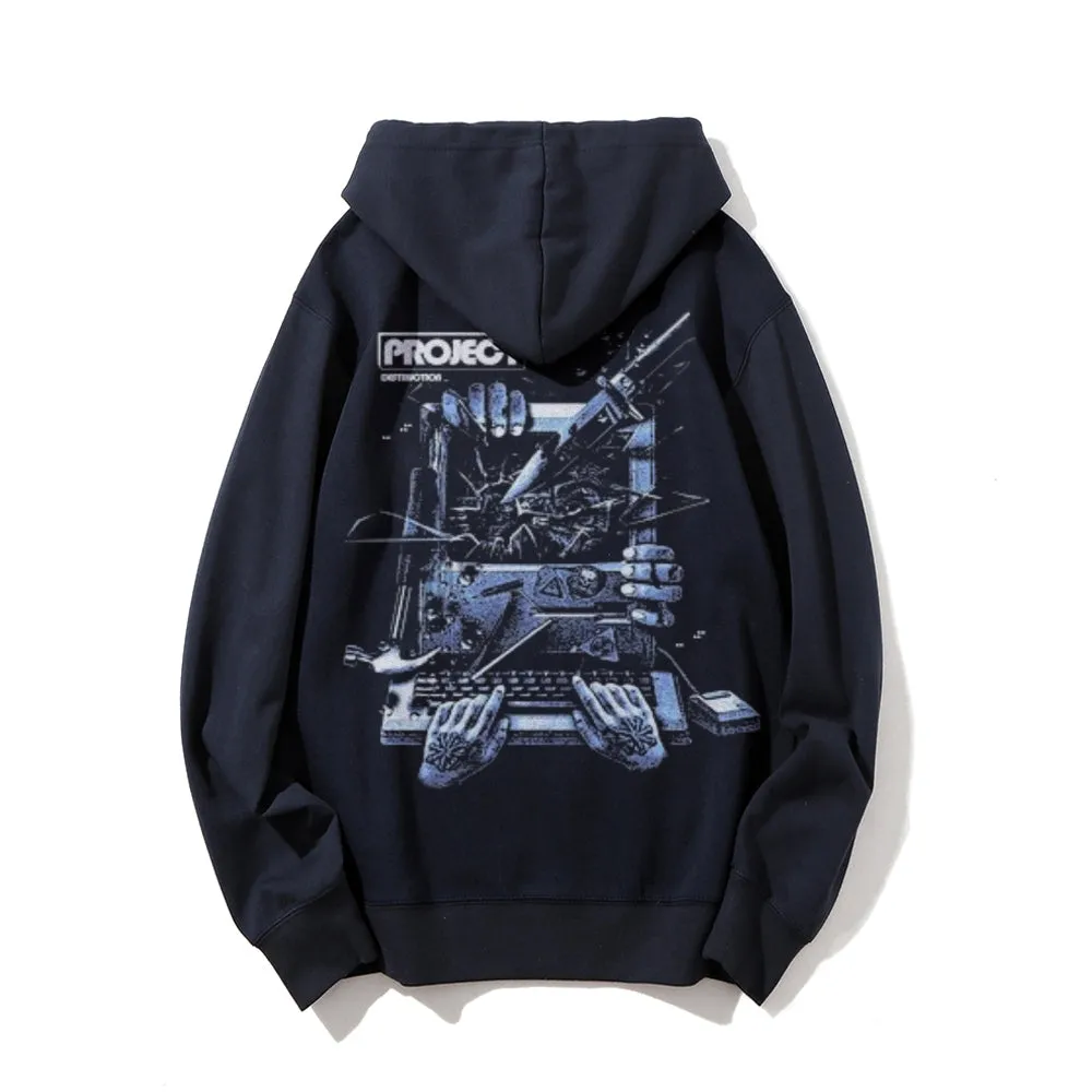 Mens Vintage Machine Project Darkness Style Print Graphic Pullover With Kangaroo Pocket Hoodies