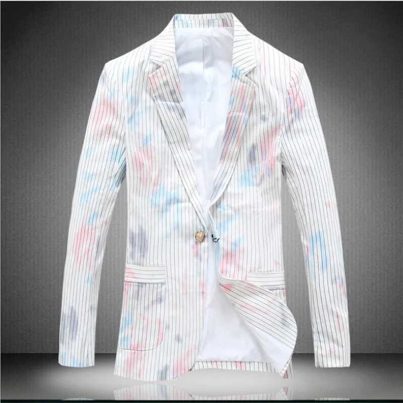 Men's White Striped Painted Blazer