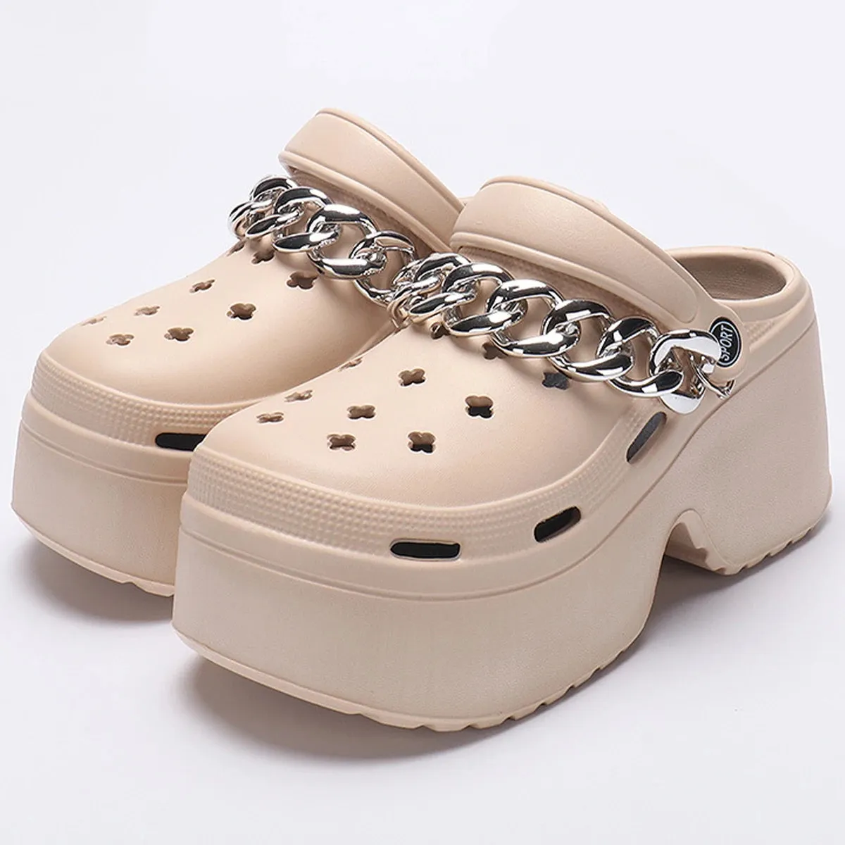 New Sandal Slippers DIY Silver Chains Clogs Women Mules Summer Beach Sandals Cave Hole Female Garden Shoe For Students Girls