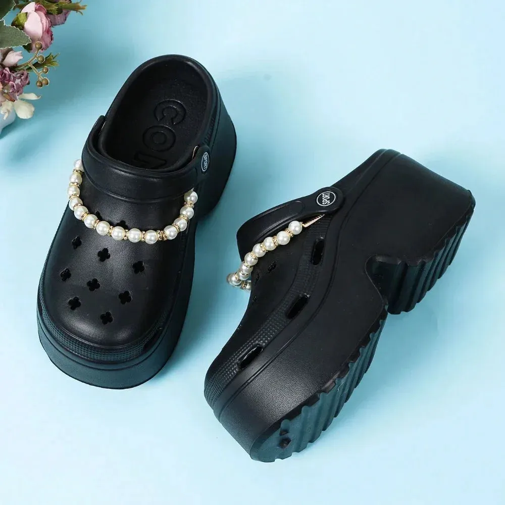 New Sandal Slippers DIY Silver Chains Clogs Women Mules Summer Beach Sandals Cave Hole Female Garden Shoe For Students Girls
