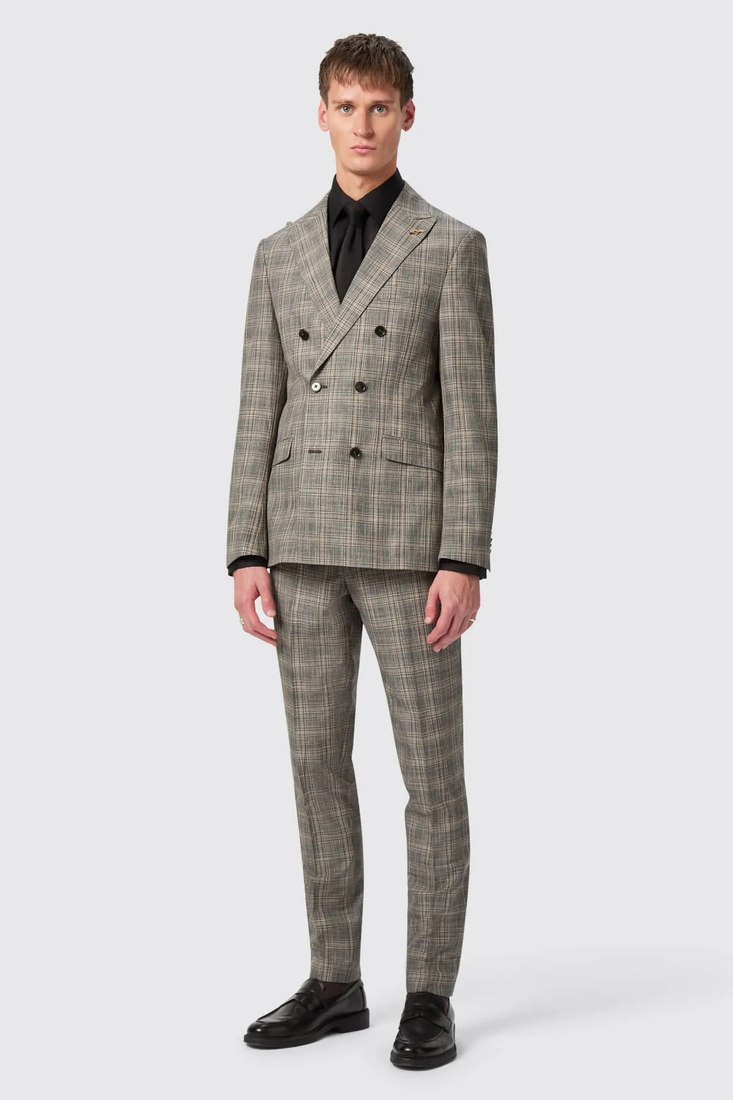 Plunkett Slim Fit Grey Check Double Breasted Jacket - ARCHIVE