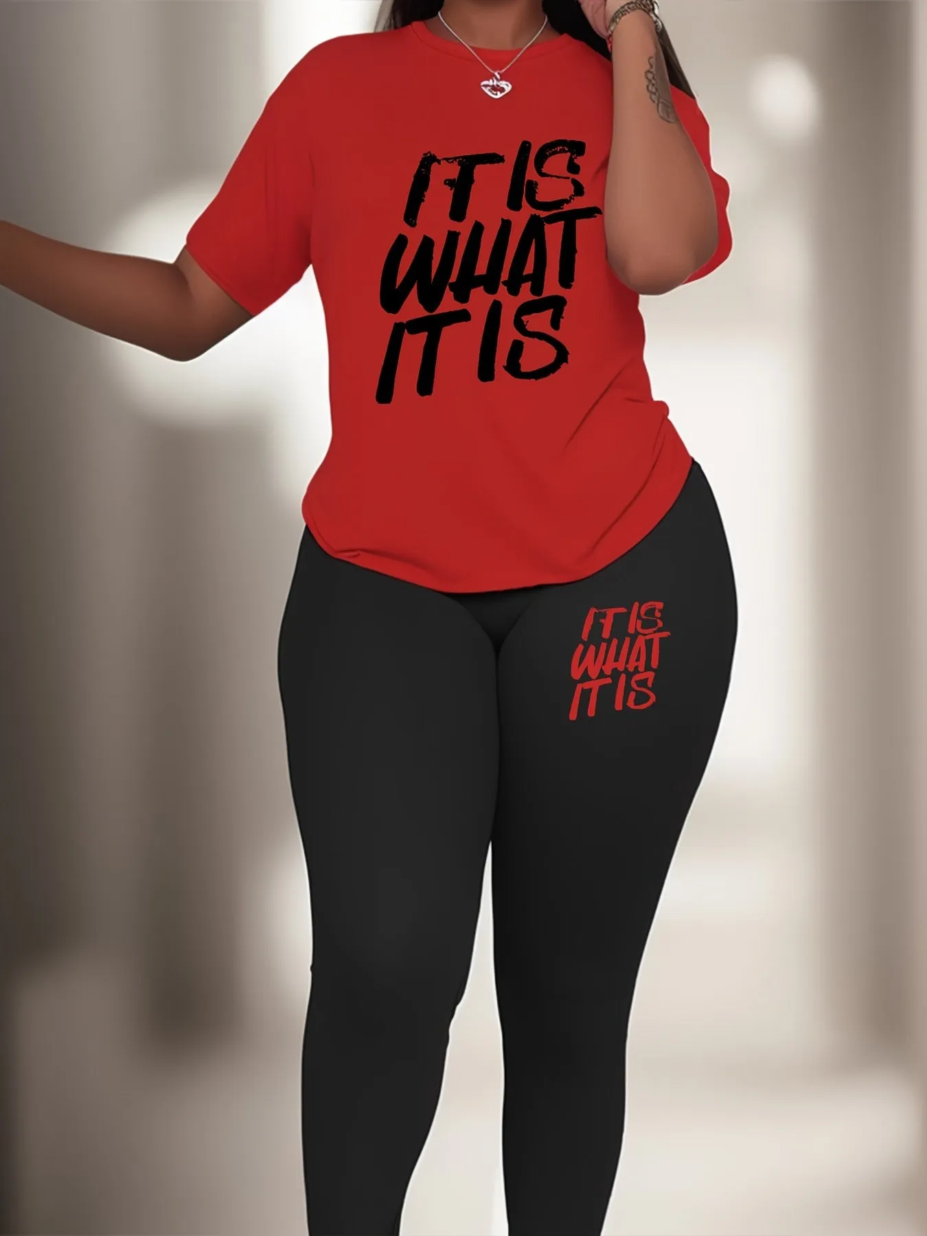 Plus Size Slogan Print Sports Set – Medium Stretch Activewear
