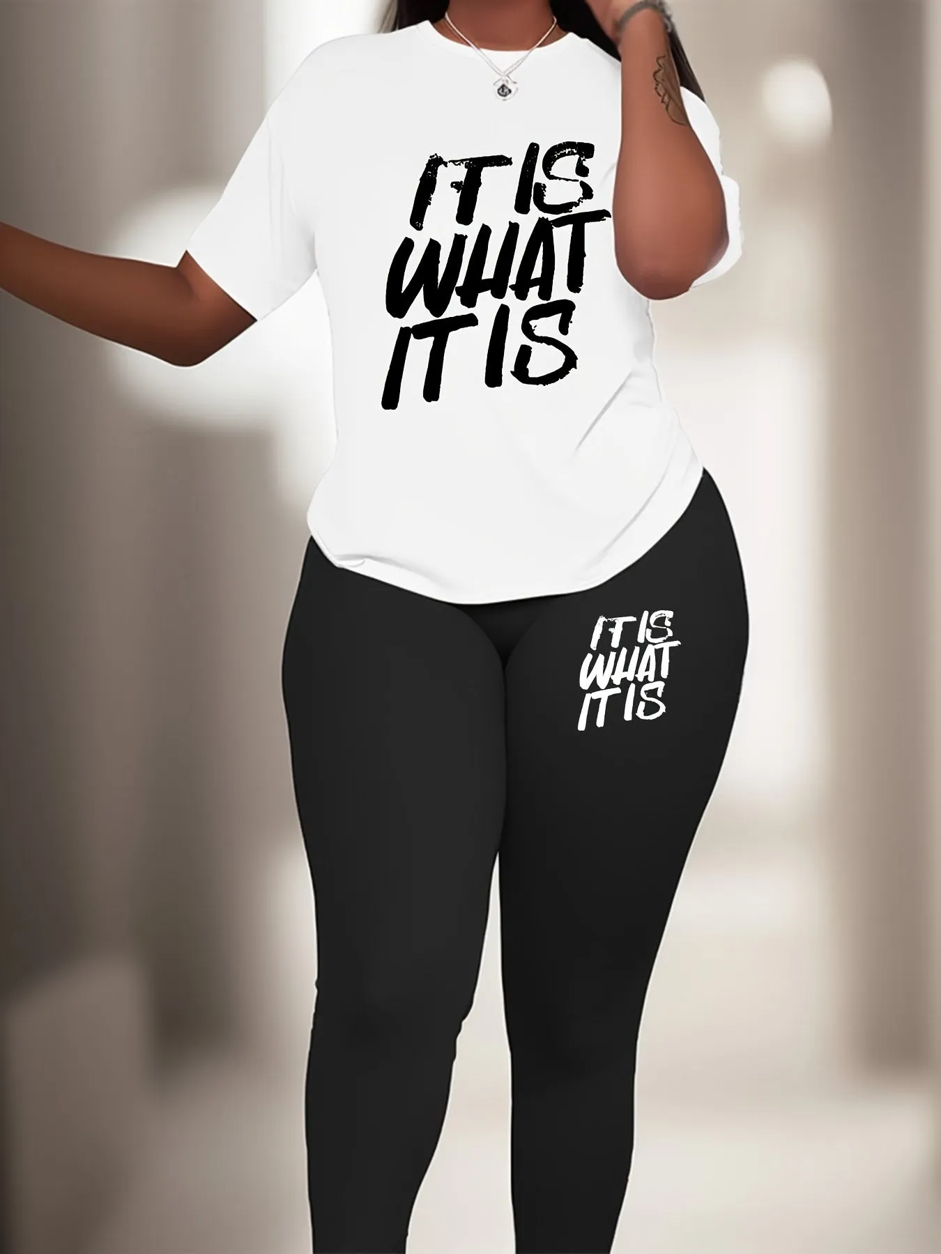 Plus Size Slogan Print Sports Set – Medium Stretch Activewear