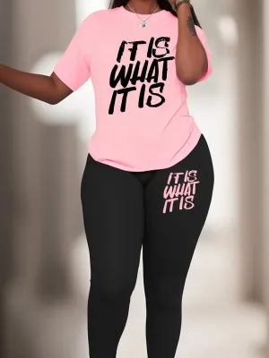 Plus Size Slogan Print Sports Set – Medium Stretch Activewear