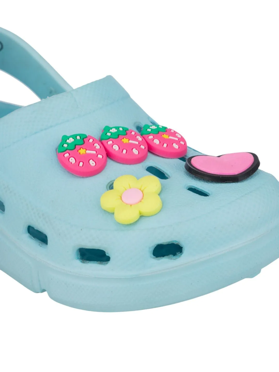 Pretty & Playful Clogs with 3D Strawberry, Flower & Heart Accents for Girls- Blue