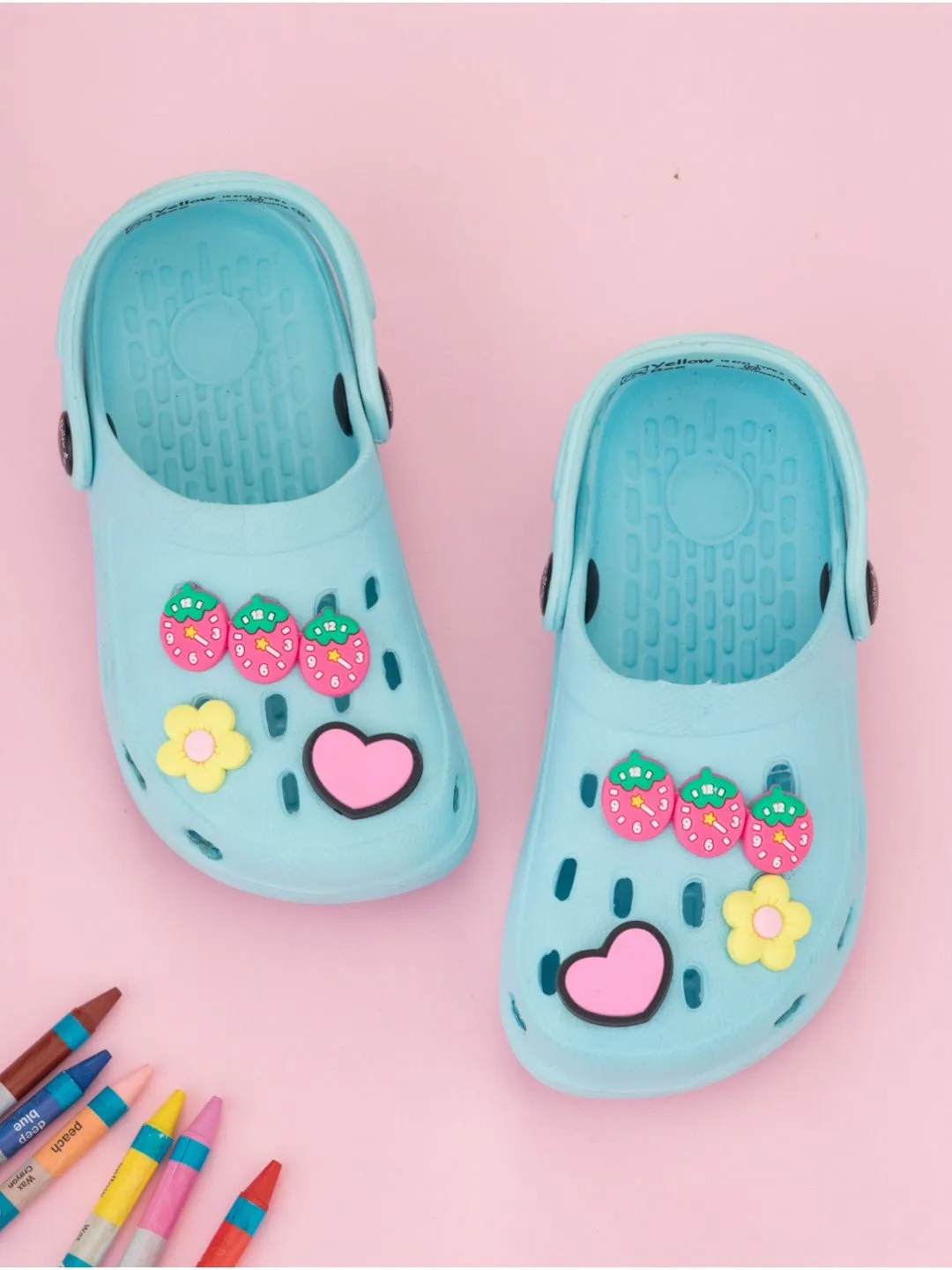 Pretty & Playful Clogs with 3D Strawberry, Flower & Heart Accents for Girls- Blue